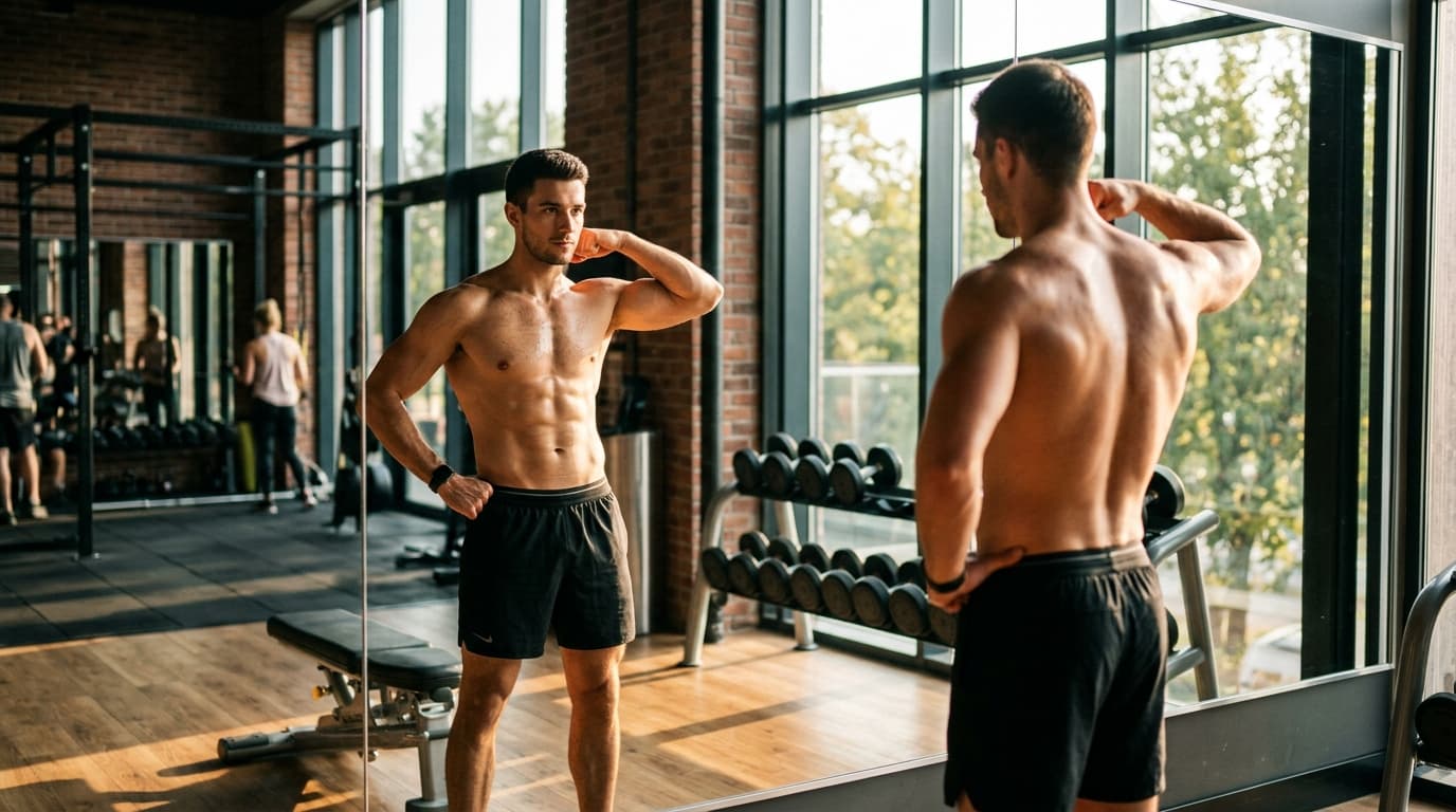 Athletic man checking his physique progress in a gym mirror during a bulk phase