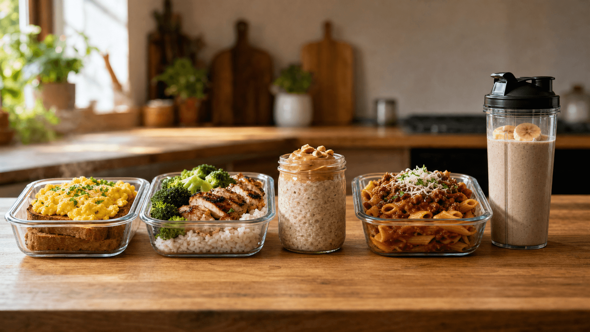 A skinny lifter's kitchen counter laid out with five high-calorie meals and snacks spaced across the day