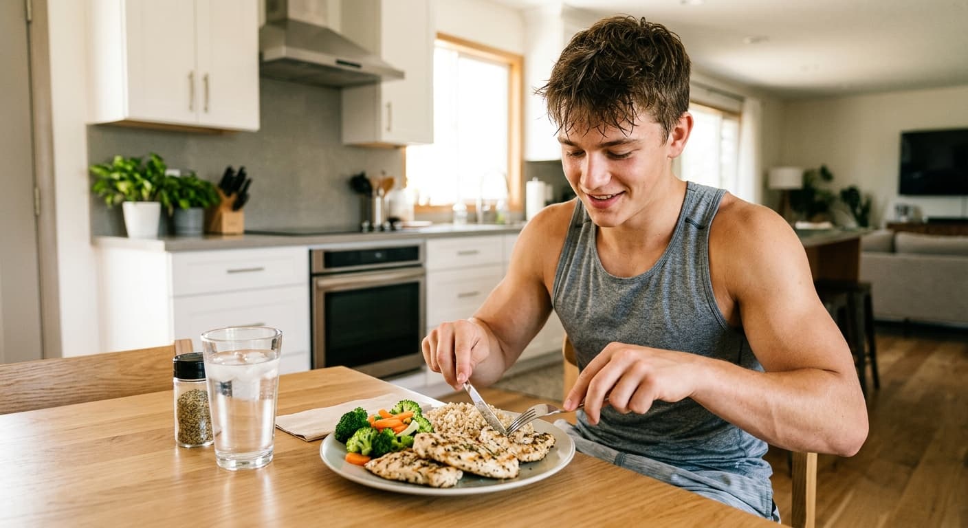 Un adolescent mangeant un repas riche en protéines après une séance de musculation