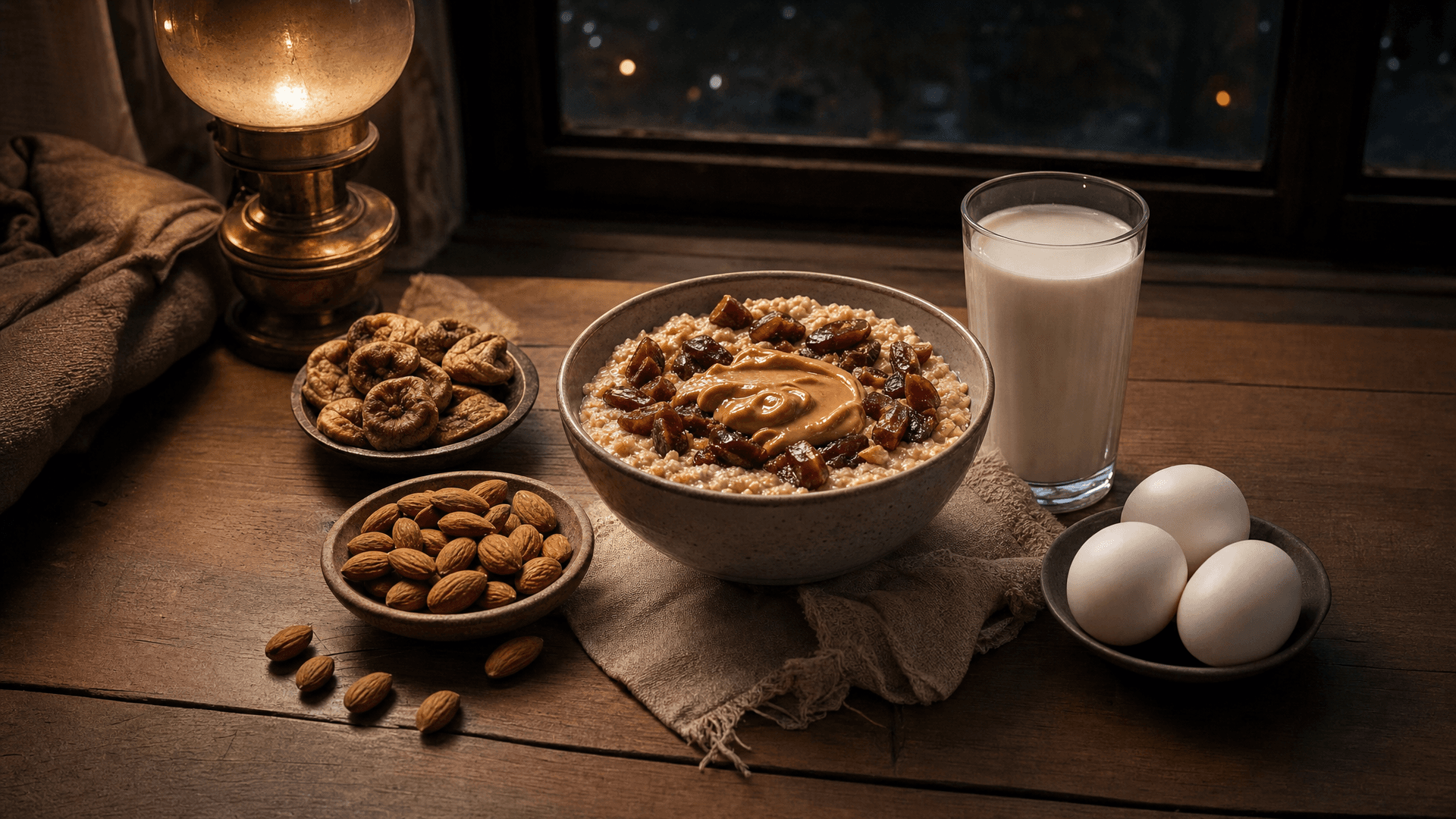 A table set for iftar with dates, dried fruit, milk, grilled chicken and rice, lit by evening light