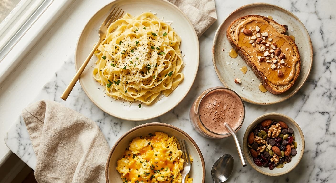 Simple, approachable high-calorie meals on a kitchen counter with familiar comfort foods