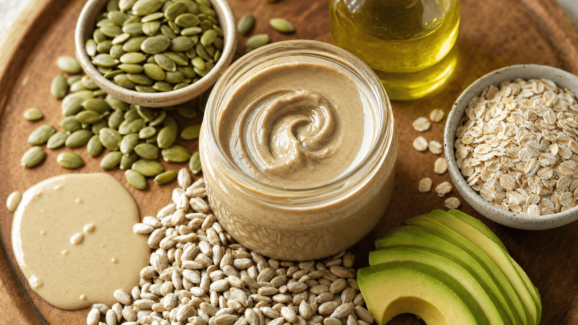 Jars of sunflower seed butter, tahini, pumpkin seeds, olive oil and avocado arranged on a kitchen counter as nut-free bulking foods