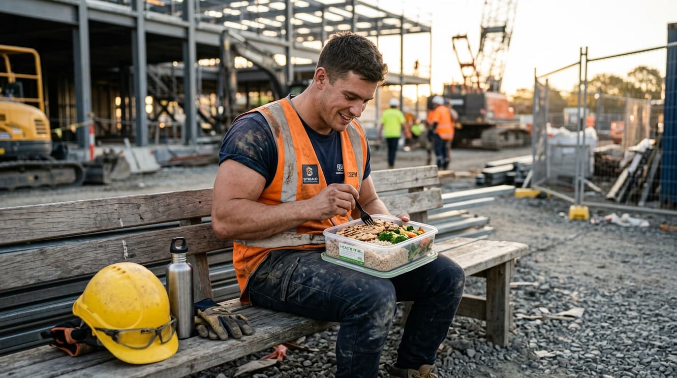 Muscular construction worker eating a high-calorie meal from a lunchbox on a job site
