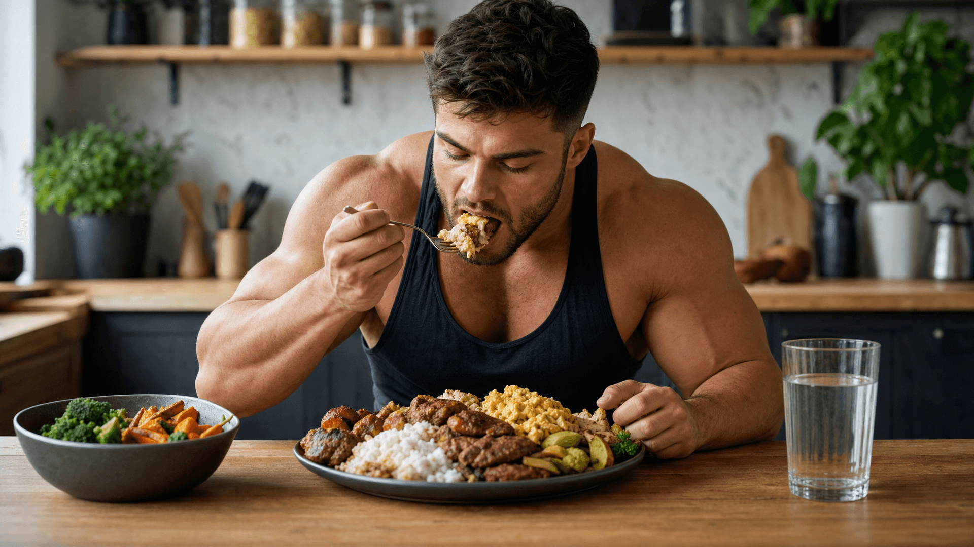 A muscular guy eating a big plate of food at a kitchen counter without a phone or food scale in sight