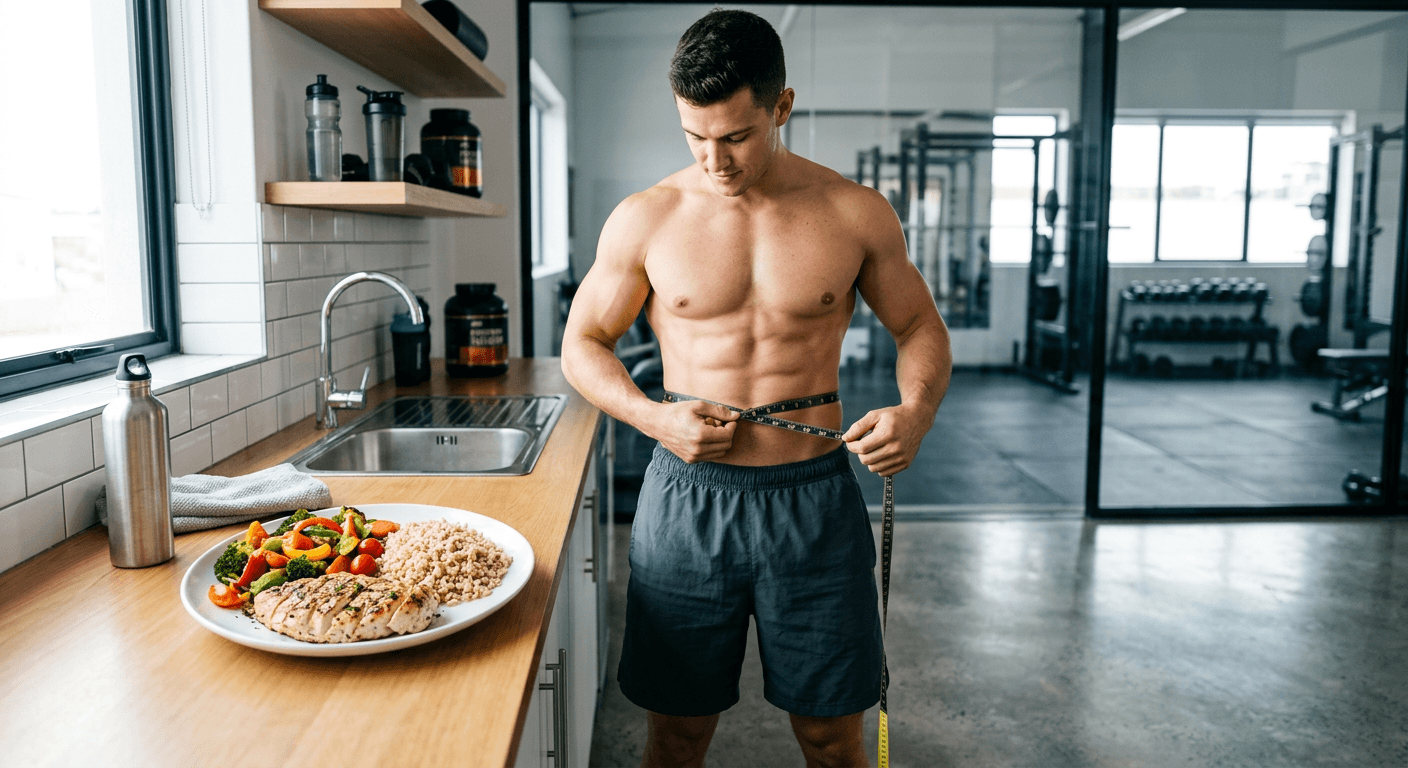 Homme musclé mesurant son tour de taille avec un mètre ruban, à côté d'une assiette de poulet grillé et de légumes