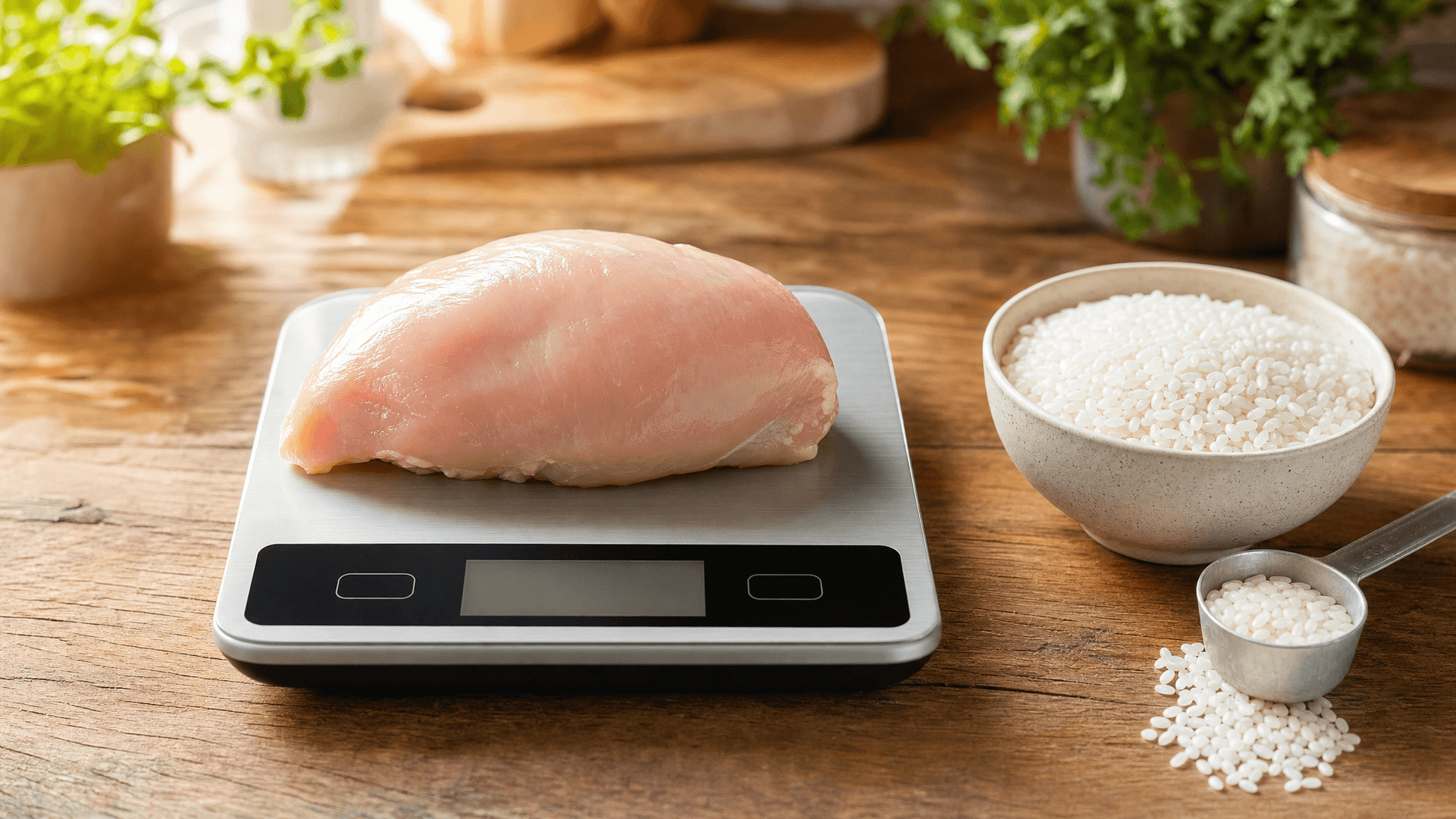 Une balance de cuisine numérique à côté de poulet cru et de riz cuit dans des boîtes de meal prep