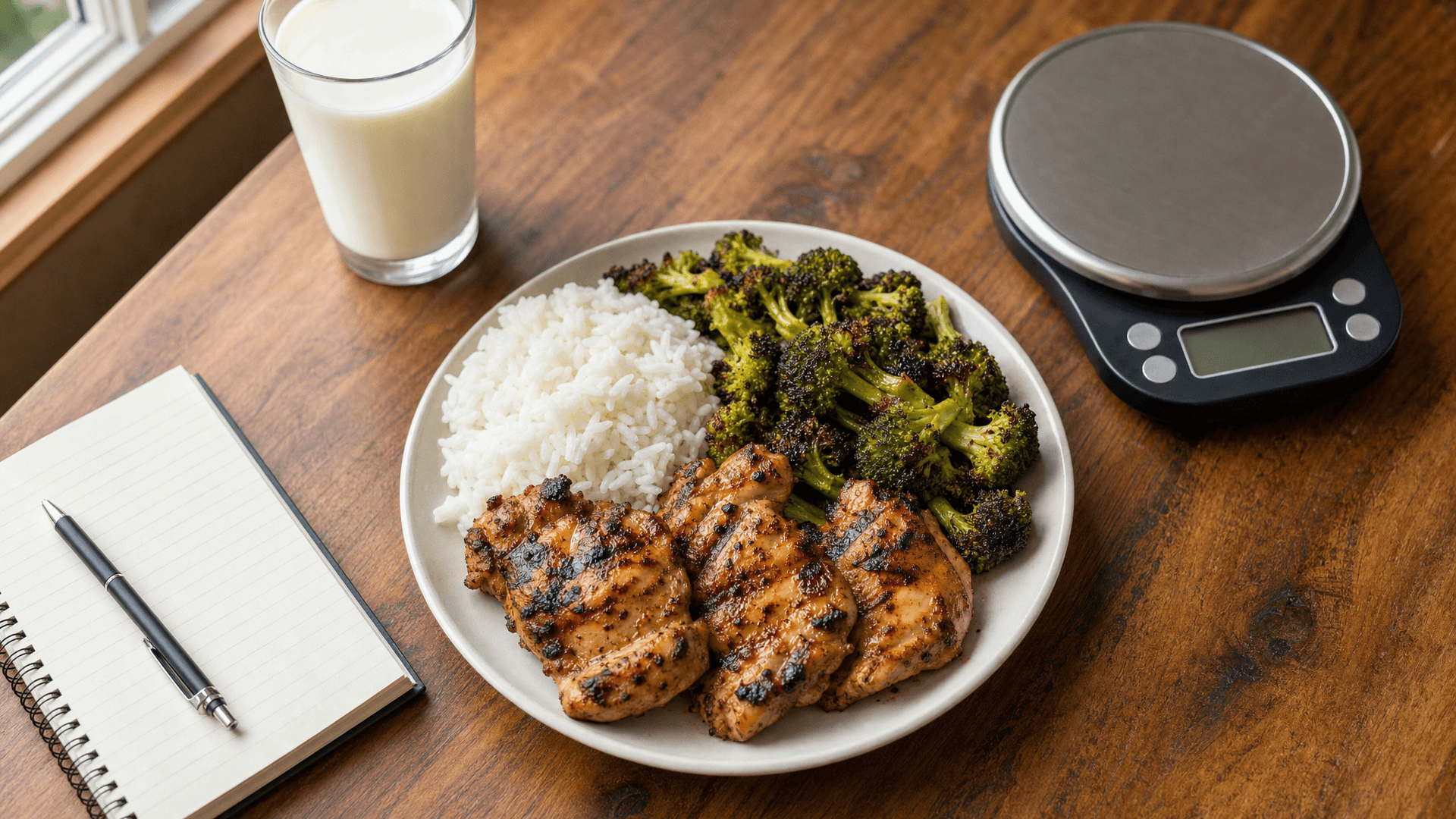 A bathroom scale next to a plate of rice, chicken and vegetables on a kitchen counter