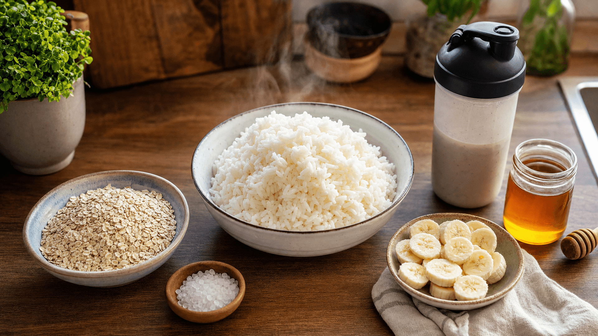 A lifter checking his arm in a gym mirror next to bowls of rice, oats and potatoes