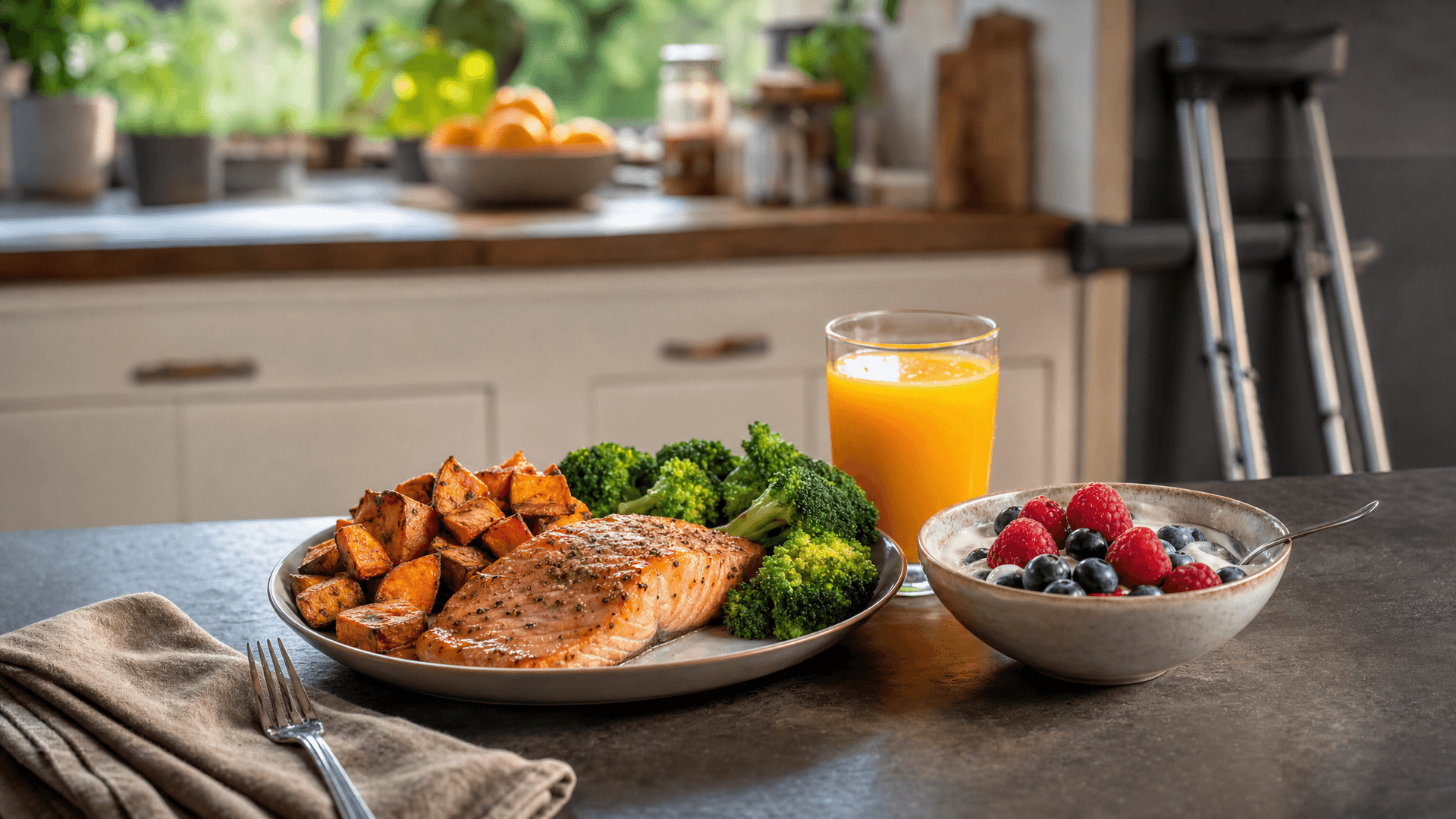 A lifter with a wrapped knee sitting on a gym bench next to a protein shake and a plate of salmon and vegetables