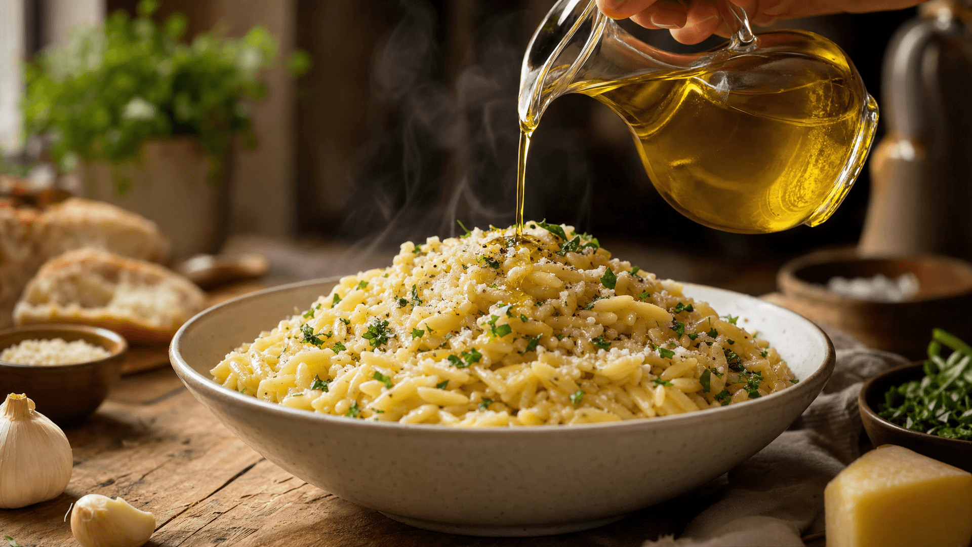 A bottle of extra virgin olive oil being drizzled over a bowl of rice and chicken