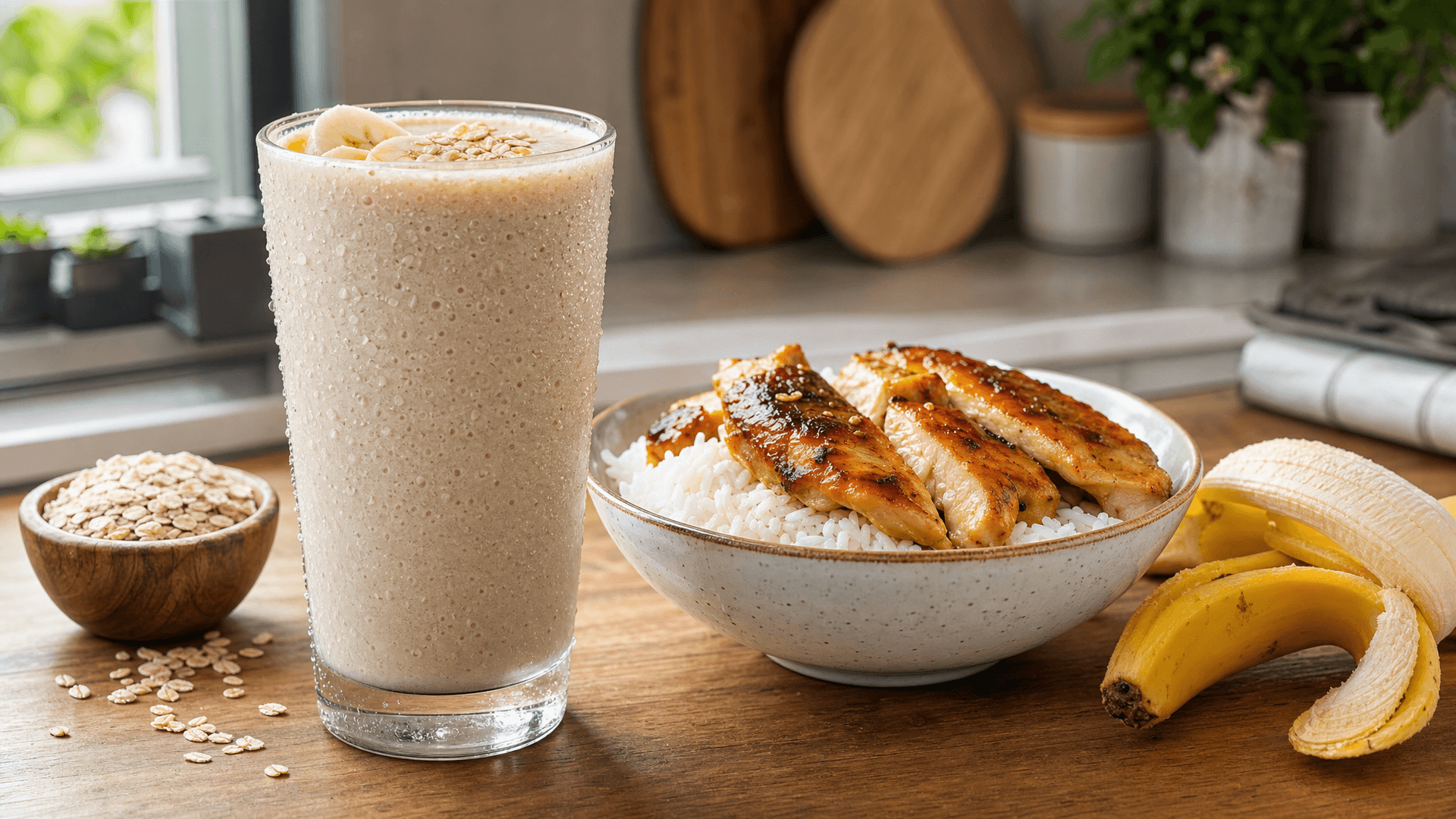 Un shaker de protéines bien frais et un bol de riz blanc avec du poulet sur un plan de travail, à côté d'un sac de sport