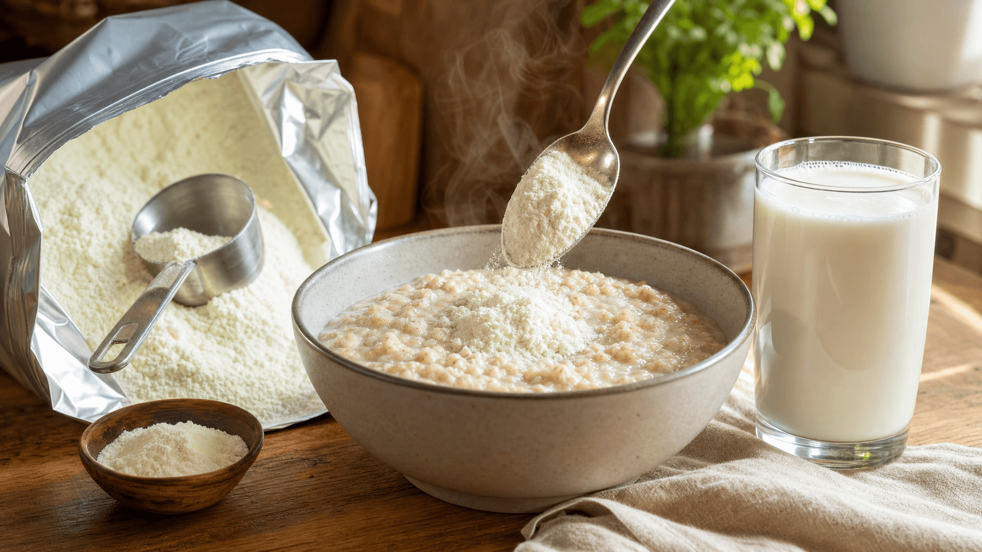 A jar of nonfat dry milk powder next to a bowl of oatmeal and a blender bottle on a kitchen counter