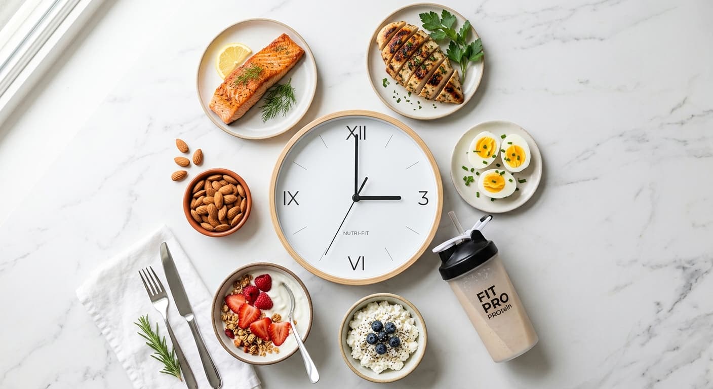 Clock surrounded by high-protein foods like chicken, eggs, protein shakes, and Greek yogurt on a kitchen counter