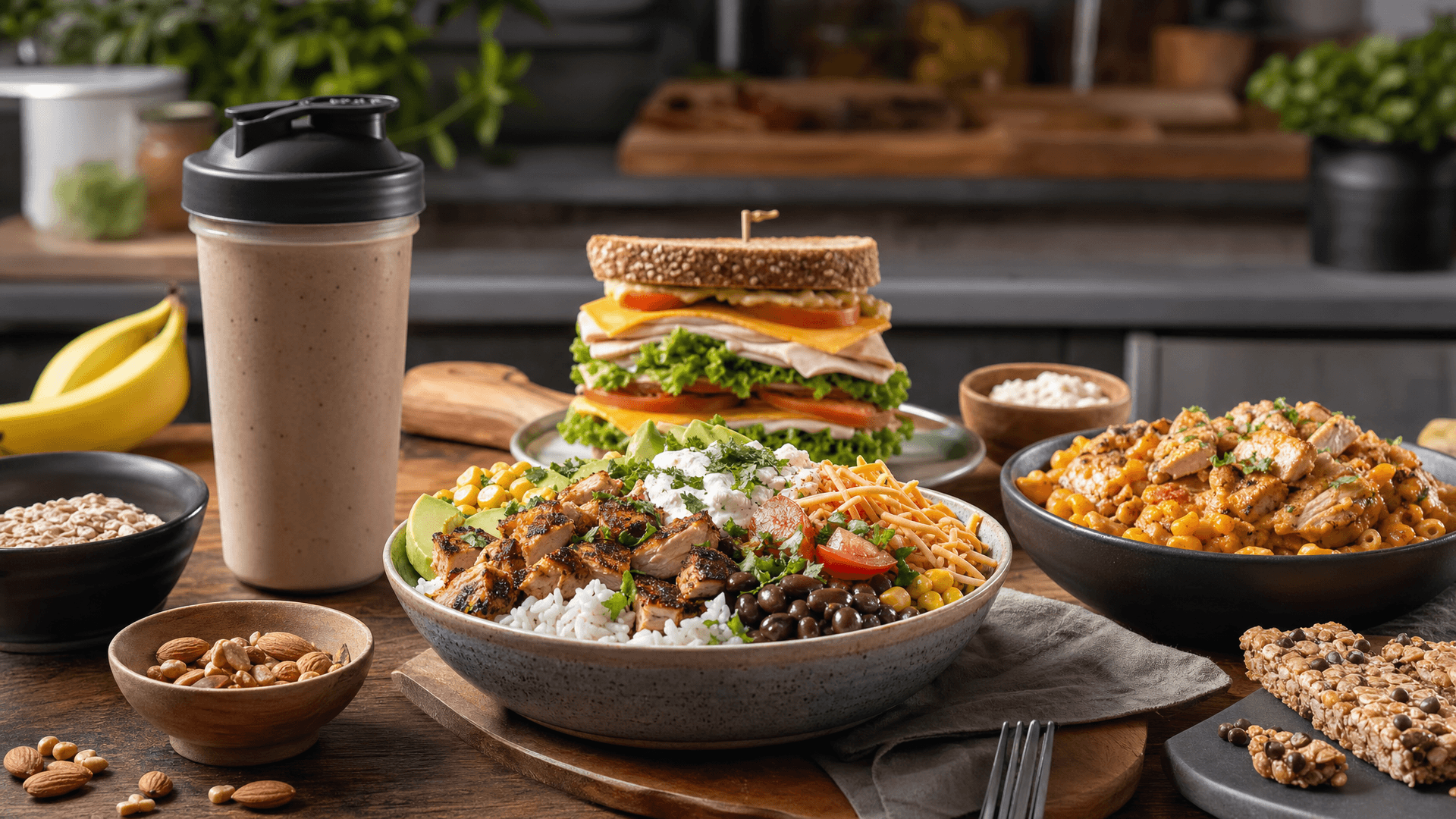 A kitchen counter with multiple quick high-calorie meals including a loaded rice bowl, stacked sandwich, and protein shake