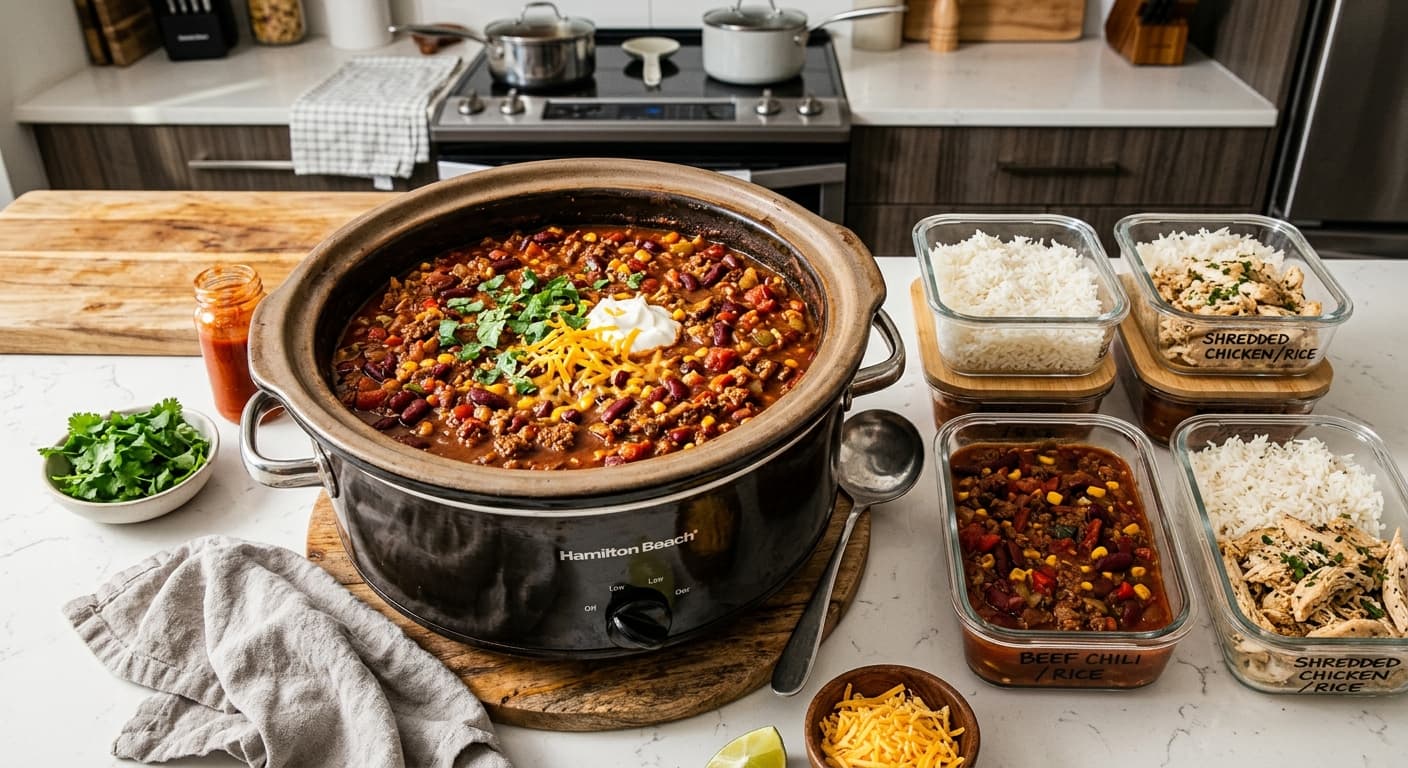 Slow cooker filled with a thick beef stew surrounded by meal prep containers on a kitchen counter