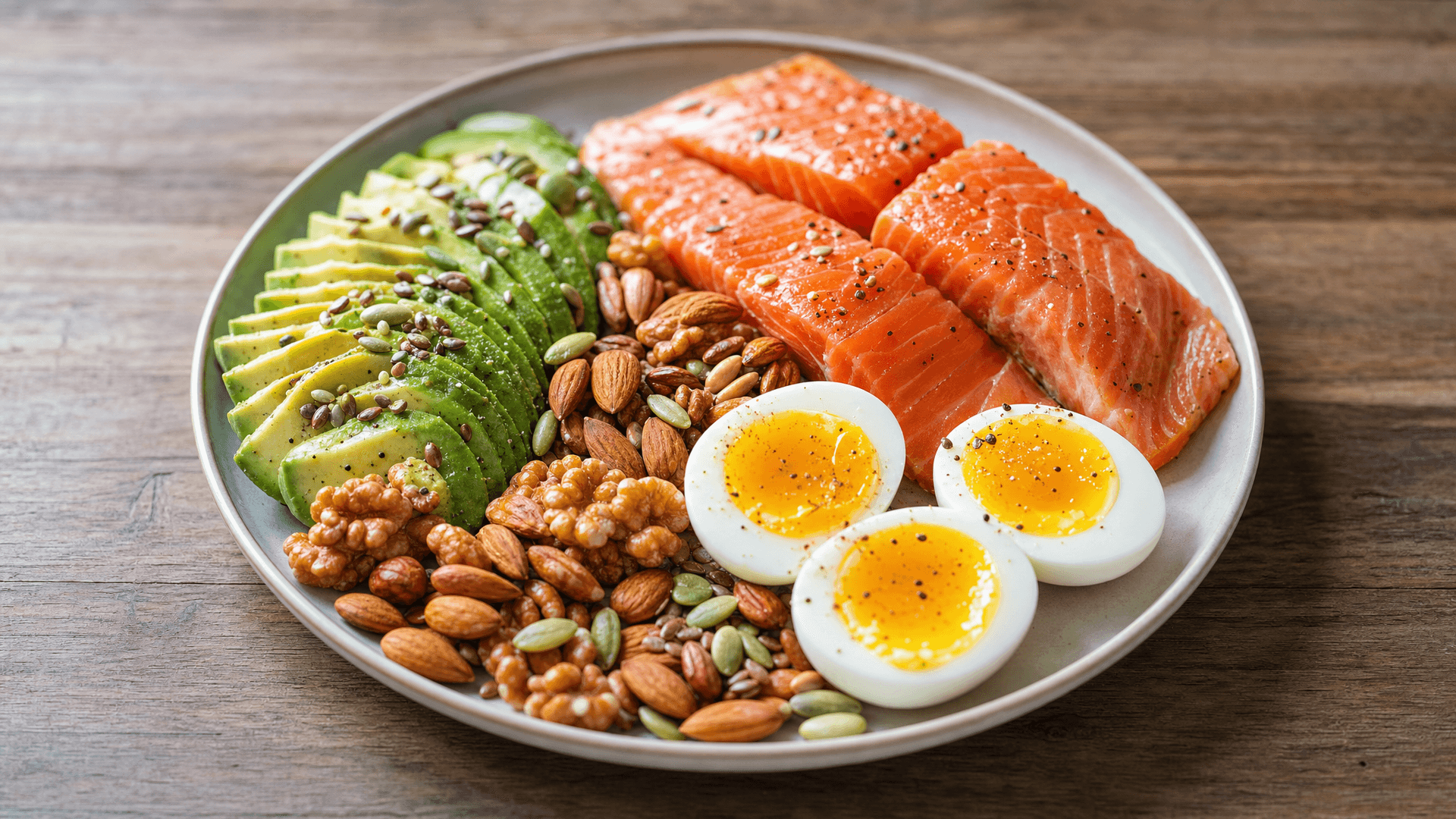 Plate of eggs, salmon, and avocado with nuts and seeds arranged on a wooden table