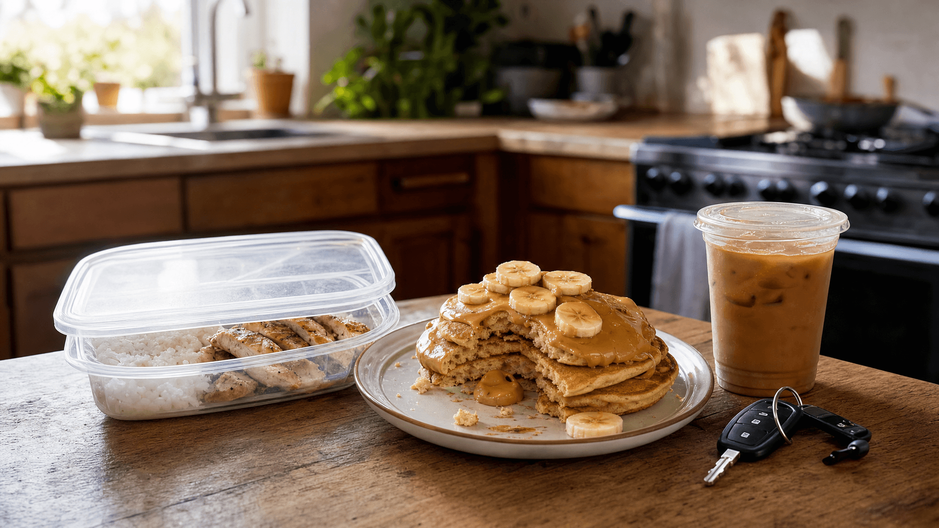 A meal-prepped weekday lunch container next to a half-eaten weekend brunch plate on a kitchen counter