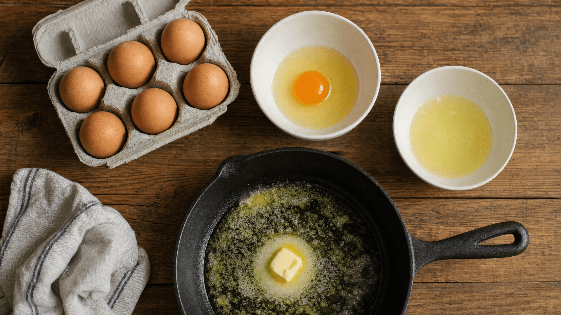 Whole eggs in a carton next to a bowl of separated egg whites and discarded yolks