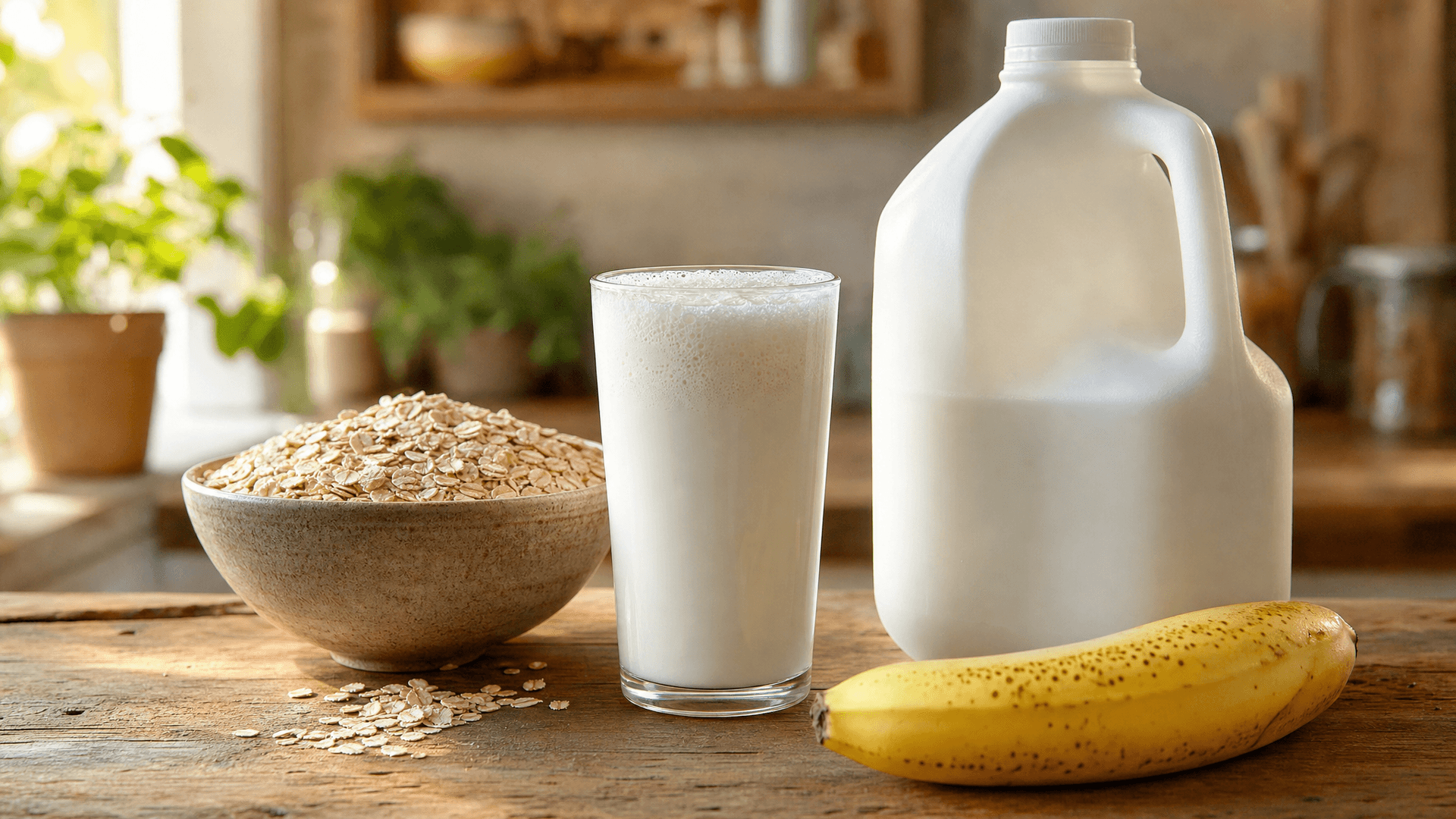 A full gallon jug of whole milk next to a glass on a kitchen counter
