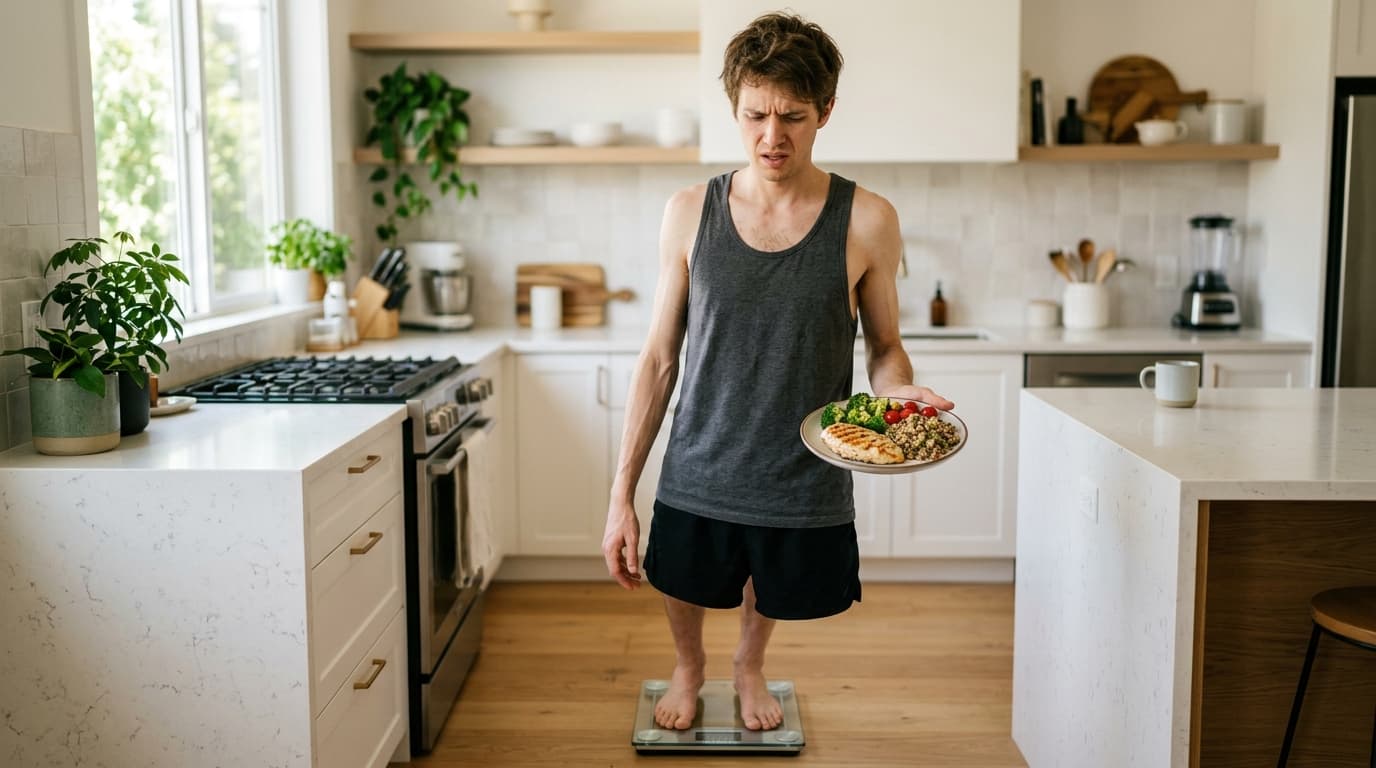 Frustrated skinny guy looking at a scale that won't budge while holding a plate of food