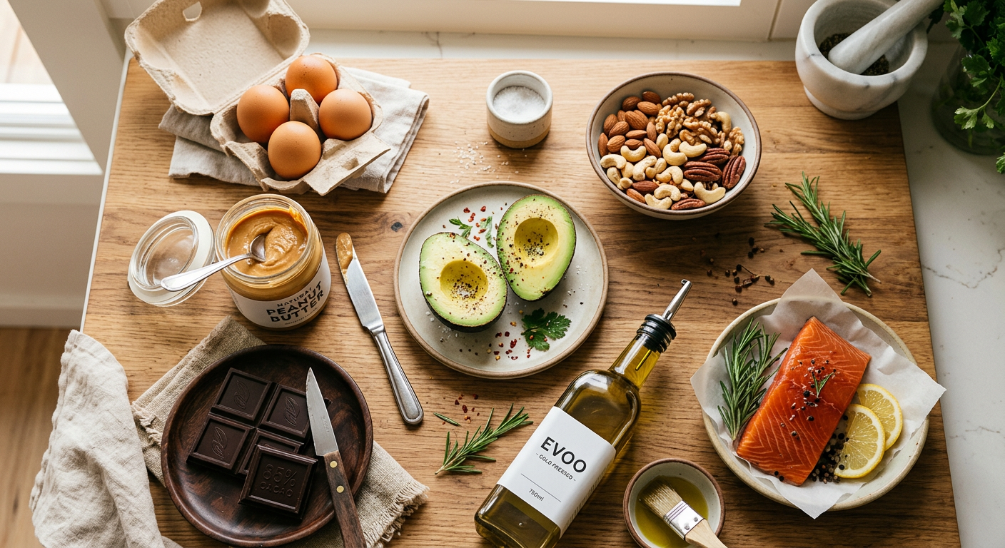 Assortment of healthy fat sources including avocados, nuts, olive oil, and salmon on a kitchen counter