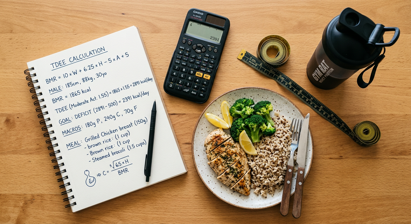 A notebook with calorie calculations next to a plate of high-protein food and a calculator