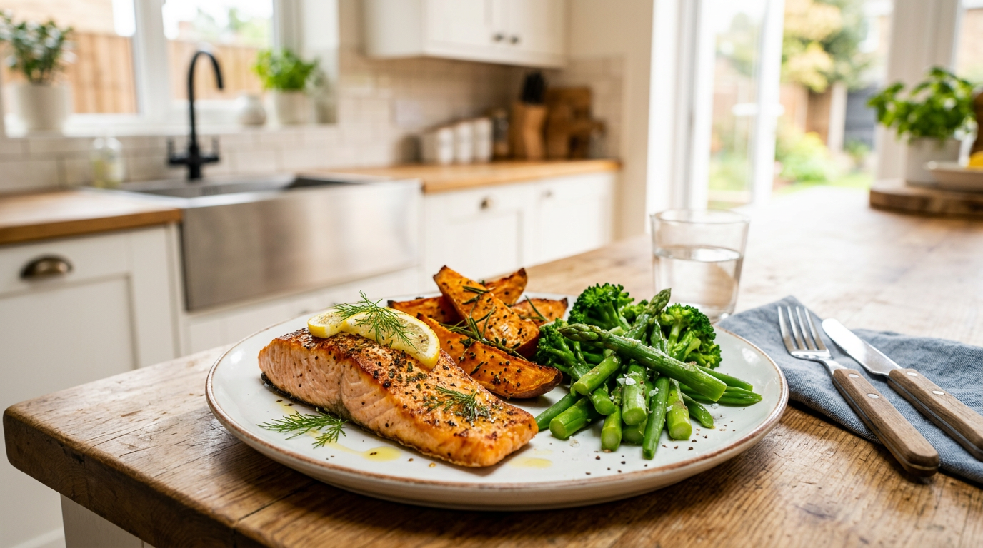 A plate of grilled chicken with rice and vegetables on a kitchen counter representing rest day nutrition for bulking
